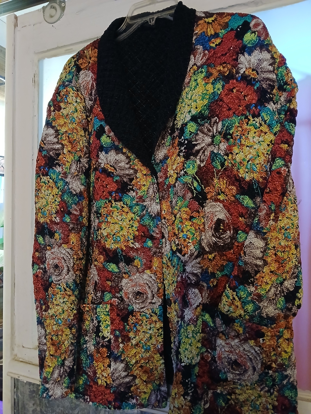 Floral Multi-Color Bouclé Blazer with Black Collar